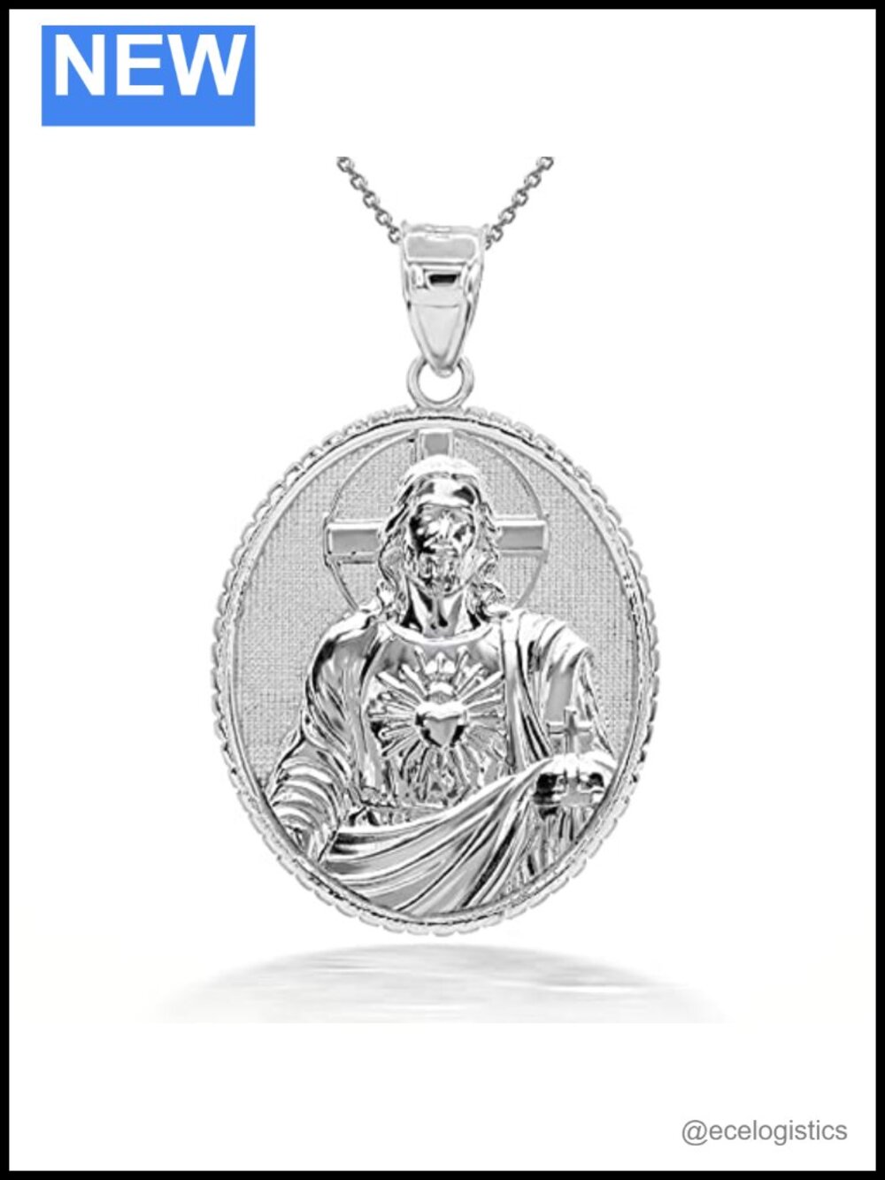 Sterling Silver Sacred Heart of Jesus Medal Pendant Necklace with Chain
